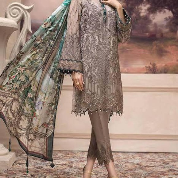 Beige and Teal Embroidered Desi Suit - Picture 1 of 4